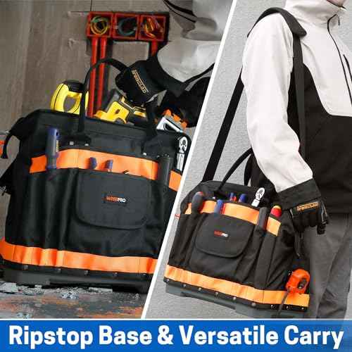 Wide Mouth Tool Bag, 16 Inch Heavy Duty Tool Bag with Multi-Pockets, Molded Waterproof Base for Plumbers, Electricians, Handymen