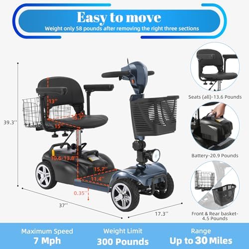 30-60 Miles Ecomobi MS02 Long Range 4 Wheels Electric Mobility Scooter for Adults/Seniors, 350W E-Wheelchair Device w/25Ah Extended Battery, Dual Baskets Compact Mobile for Travel
