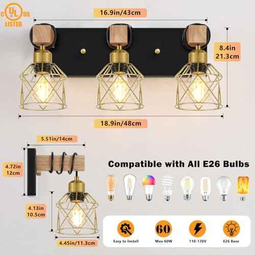 FadimiKoo Black and Gold Vanity Light, 3-Light Farmhouse Vanity Light, Bathroom Light Fixtures Over Mirror, Industrial Indoor Wall Mounted lamp for Bathroom, Living Room, Cabinet, Bedroom