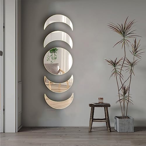 5 Acrylic Mirror Wall Stickers - Self Adhesive Moon Phase Mirrors - Bohemian Decor for Home, Living Room, Bathroom, Bedroom (15cm)