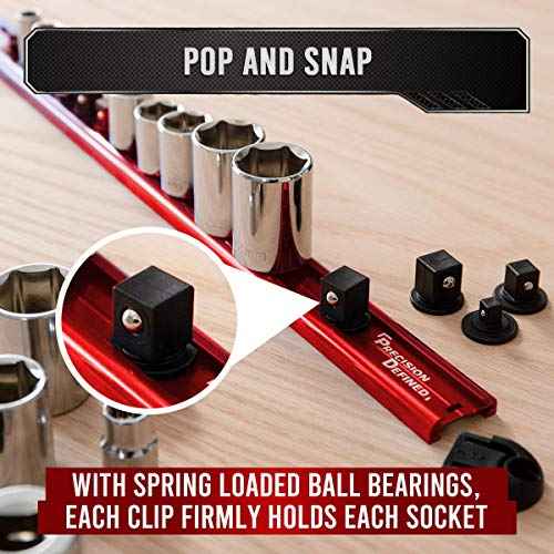 Precision Defined Aluminum Tool Socket Holder 3-Piece Set | Red, 1/4-Inch x 16 Clips, 3/8-Inch x 16 Clips, 1/2-Inch x 14 Clips | 360 Rotation - Heavy Duty Socket Rails Organizer, Socket Storage
