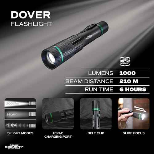 Police Security Dover 1000 Lumen Rechargeable Flashlight ? USB-C Charging Cable Included, Slide Focus, 6-Hour Runtime, Impact Resistant ? w/Belt Clip.