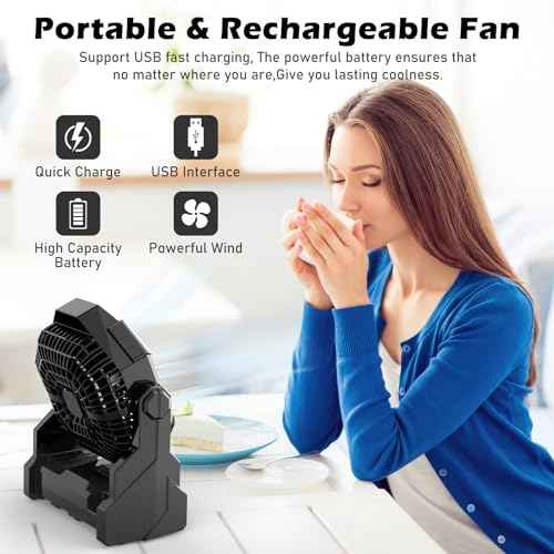 Camping Fan Rechargeable, 10400mAh Portable Battery Operated Camping Fan for Tents, Hangable USB Silent Camping Fans with LED Lantern, Suitable for Fishing, Camping, Bedroom, Workplace (Black)