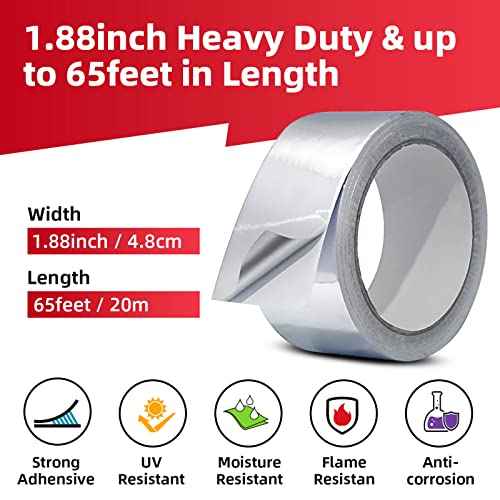 Aluminum Foil Tape 1.88inch x 65FT (21.6Yard) - Adhesive Metal Heat Resistant Silver Duct Tape Heavy Duty for Ductwork & Air Conditioner & Dryer Vent & Insulation & HVAC & Window Seal, 3.9mil