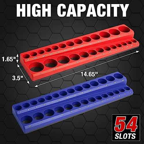 ALOANES 54-Slot Magnetic Socket Organizer - 2PC Holder Kit, Premium Tray Holders for Standard & Deep Metric Sockets, Heavy Duty 3/8-inch Drive Tool Organizer (Red & Blue)