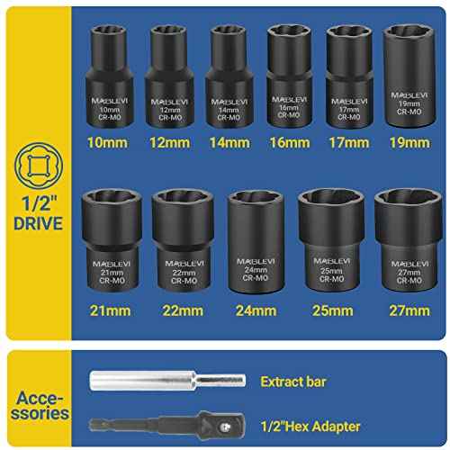 MABLEVI 13 PCS Bolt Extractor Set, 1/2" Drive Impact Lug Nut Remover Socket Tool with Center Punch Bar for Damaged, Frozen, Studs, Rusted, Rounded-Off Bolts & Screws