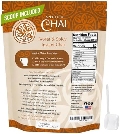 Angie's Chai Sweet & Spicy Organic Instant Chai Tea Powder - Made in USA, Delicious Spiced Mix, 30 Servings, 80 Calories, Handcrafted, Free of Artificial Ingredients, Natural Indian Spice, 12 oz