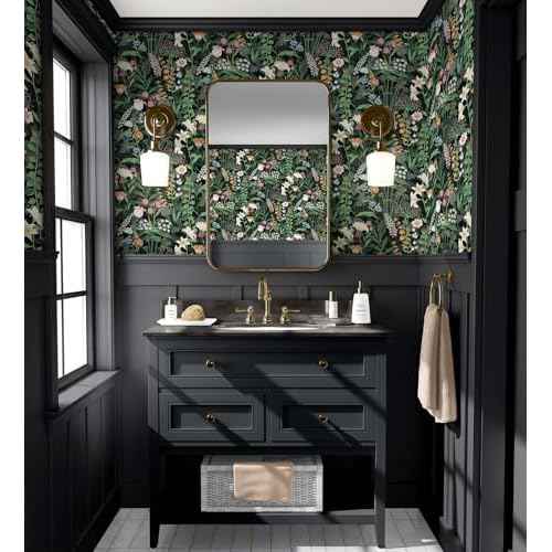 Tomete Boho Vintage Peel and Stick Wallpaper, Floral Wallpaper, Dark Green Black Flower Contact Paper for Cabinets and Drawers, Retro Renter Friendly Sticker, Waterproof, Self Adhesive, Removable