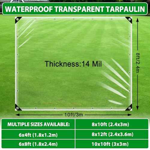 Clear Tarps Heavy Duty Waterproof 8x10 Ft, 14Mil PVC Transparent Vinyl Tarpaulin for Home, Clear Tarps with Grommets for Patio, Outdoor Porches, Pavilion Rain Shield, Winter Rainproof Canopy Fabric