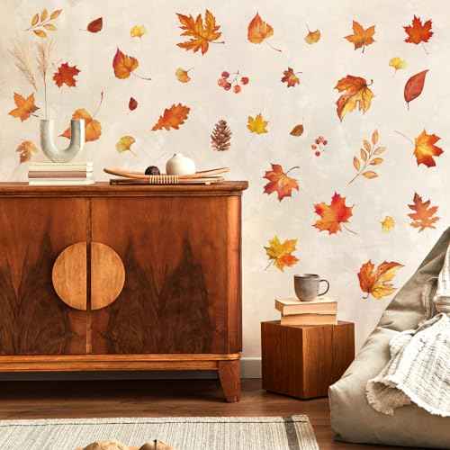 Fall Wall Stickers Maple Leaves Wall Decals Small Room Mural Stickers for Autumn Thanksgiving Home School Office Party Decor, 7.9 x 11.8 Inch, 9 Sheets