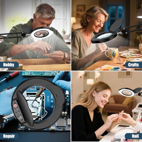 15X 10X Magnifying Glass with Light and Clamp, 5-inch Lighted Magnifier with Dust Cover, 84 LED 5 Color Modes Stepless Dimmable Hands-Free Magnifying Glass Desk Lamp for Reading Craft Hobby Close Work