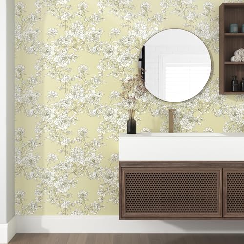 Cream Yellow Floral Peel and Stick Wallpaper Vintage Peony Flower Contact Paper Self Adhesive Botanical Removable Wallpaper for Bedroom Cabinets Nursery Countertop Wrap Princess Wall Paper
