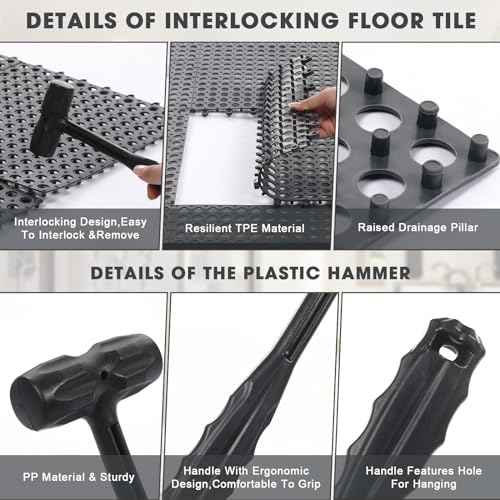 12 Pack Drainage Tiles Modular Interlocking Floor Tiles with 1 Pc Plastic Hammer 12" x 12" Cushion Mat Non Slip Rubber Floor mat with Holes for Pool Bathroom Deck Kitchen Patio (Black)