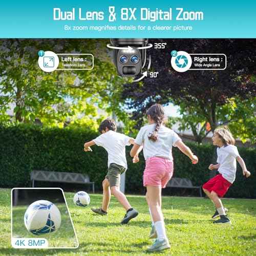 4K Dual Lens Solar Security Cameras Wireless Outdoor, 2.4G/5Ghz WiFi 6 Security Camera, 355¡Æ Pan/Tilt Home Security Camera with 8MP Color Night Vision, PIR Motion Detection, Auto Tracking, Alexa