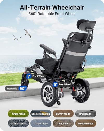 Reclining Electric Wheelchair for Adults, 90°-160° Adjustable Backrest, 16" Alloy Wheels, 5-Speed, Detachable Footrest, USB Charging & LED Light