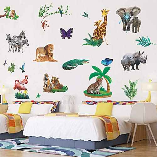 Lifelike Jungle Animal Wall Decals Safari Wild Animal Wall Stickers Removable Lion Tiger Elephant Animal Wall Decor for Boys Girls Bedroom Kids Nursery Classroom Daycare Playroom MG1011