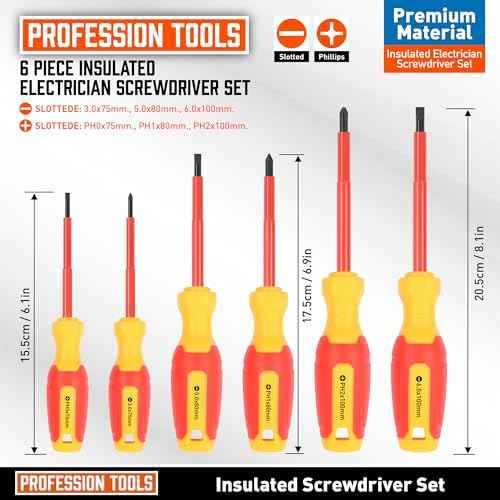 Amartisan 1000V Insulated Electrician Screwdriver Set 6-Piece, 3 Phillips and 3 Slotted Tips Professional Cushion Grip Screwdriver Set