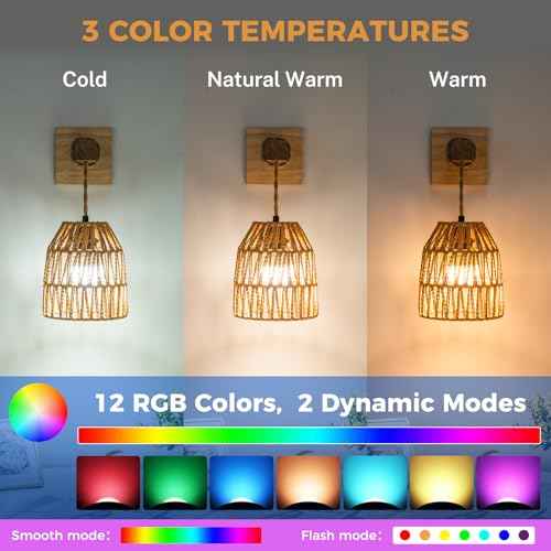 Wall Sconces Set of Two Battery Operated, Rattan Boho Wall Sconce, Rechargeable Woven Lantern Wireless Light/Lamp for Bedroom Home Decor