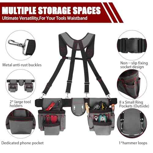 Tool Belt With Suspenders, Heavy Duty Carpenter Tool Belt with 22 Pockets - Adjustable Lightweight Electrician for Construction, Framing, Carpentry Work