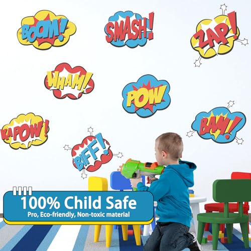 Superhero Wall Stickers Peel and Stick Hero Sign Wall Decals 8 Pcs Vinyl Removable Super Hero Action Sign Wall Stickers Comic Art Decor for Bedroom Nursery Playroom Kids Room Decorations