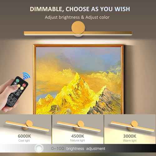 ZitoStory Battery Operated Picture Light for Wall with Remote,Wireless Dimmable Art Lights for Paintings Rechargeable Gallery Light Artwork Lighting for Canvas, Portrait (Gold,20'' Inch)