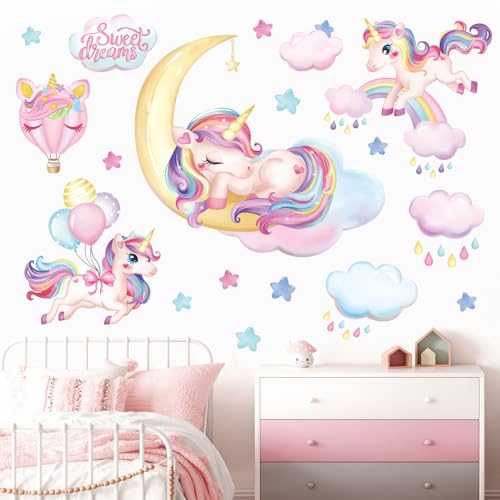 wondever Rainbow Unicorn Wall Stickers Sleeping Unicorn Balloons Sweet Dream Moon Wall Art Decals for Girls Room Baby Nursery Kids Bedroom