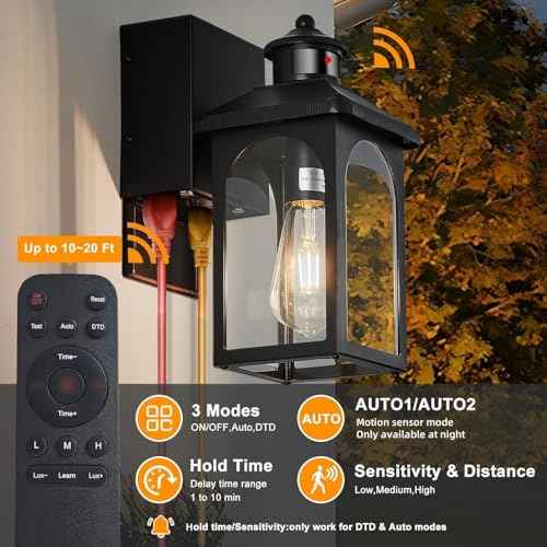 Porch Light with GFCI Outlet: Motion Sensor Porch Lights Outdoor with Remote Control Dusk to Dawn Exterior Lighting Fixtures Black Modern Outdoor Wall Lights for House Garage Patio Front Door