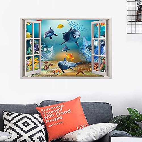 3D Ocean World Fake Windows Wall Sticker,Shark Turtle Tropical Fishes Sea Life Peel and Stick Removable Windows Wall Decals for Boys and Girls Bedroom Playroom Living Room£¨24"x18"£©