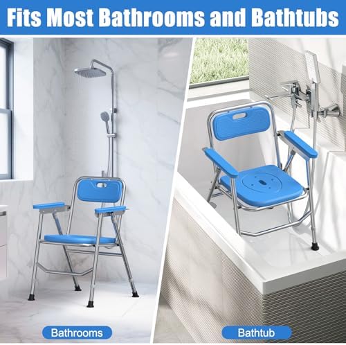 Shower Chair for Elderly & Disabled, Stainless Steel Foldable Shower Seat with Arm and Back, Height Adjustable Safety Bath Seat for Inside Shower, Shower Seat for Bathtub, 500lbs Capacity
