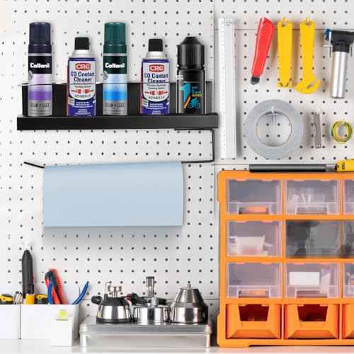Cedilis 2 Pack Aerosol Spray Can Holder Rack with Paper Towel Holder, Wall Mounted Steel Spray Bottle Organizer, Black Spray Paint Can Holder for Garage and Workspace, Mounting Accessories Included
