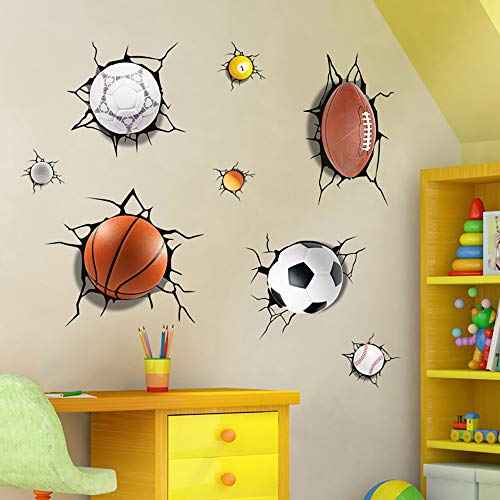 Supzone Sport Balls 3D Wall Stickers Break Through DIY Basketball, Rugby, Baseball, Football Wall Decor Boys Playroom, Bedroom, Classroom, Living Room