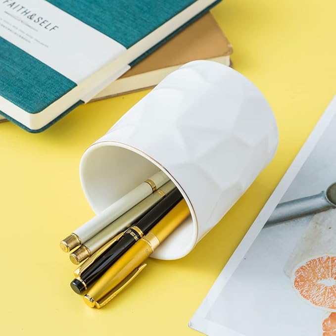 Ceramic Irregular Round Pen Holder For Desk Cute Stand Gold Line Pencil Cup Pot Desk Organizer for Girls Makeup Brush Holder (White)