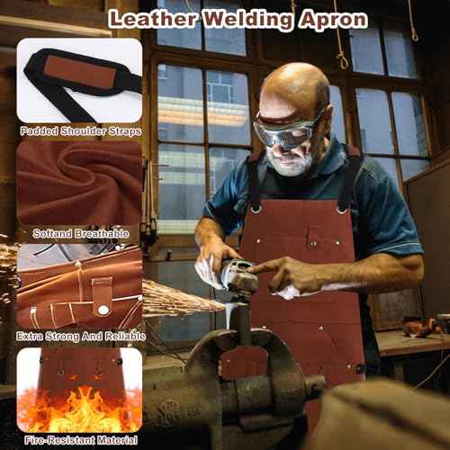 Welding Work Apron,Heat & Flames Proof Apron, Leather Welding Apron,24x36 Inches with 6 Pockets Adjustable Belt