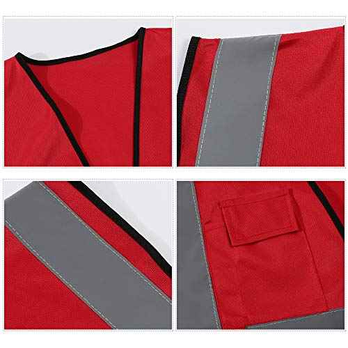 5 Pack Reflective Safety Vest for Women, Men High Visibility Reflective Vest with 5 Pockets Neon Red