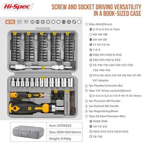 Hi-Spec 78pc Multi Screw Driver Bit Set and 1/4 inch Socket Set with Handles. Flexible Extension, Precision, Torx and Tamperproof 1/4 inch Hex Screwdriving Bit Accessories in a Case