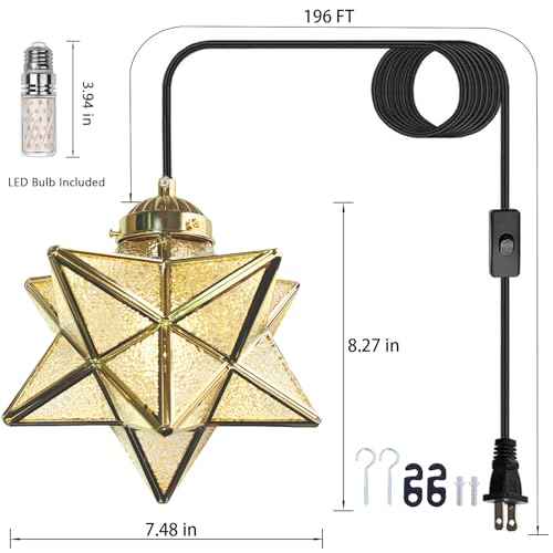 Gold Moravian Star Pendant Light with Brass Shade,16.5ft Plug-in Hanging Light Fixture with Switch, Farmhouse Brass Lighting for Kitchen Island, Bedroom, Hallway, Porch (LED Bulb Included)