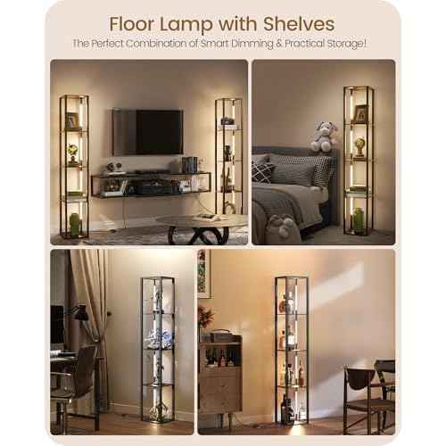 64.2" Display Shelf with Light, Modern Corner Floor Lampe with Shelves, LED Dimmable Standing Lamp with Remote for Living Room, Bedroom, Office, Adjustable CCT, Black Square B51LD05