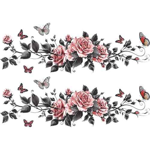 Black Butterflies Rose Wall Decals Pink Flower Vines Wall Stickers Vinyl Floral Wall Art Decor for Girls Bedroom Bathroom Beauty Salon Window Door Decorations