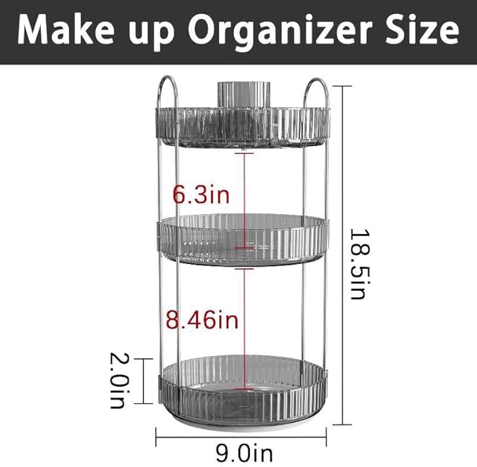 Rotating Makeup Organizer for Vanity, High-Capacity Skincare Clear Make Up Storage Perfume Organizers Cosmetic Dresser Organizer Countertop 360 Spinning (Gray, New-3 Tier)
