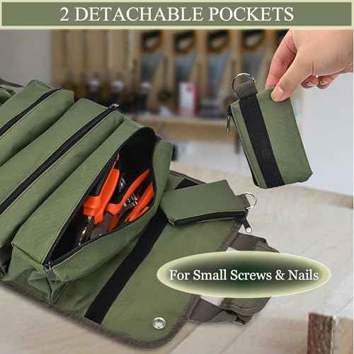 Tool Organizer Bag, Foldable Roll Up Bag Organizer w/ 2 Detachable Pouches, Heavy Duty Tool Storage Organization for Mechanic Carrying Toolbag, Dad Men Birthday Father Day, Gifts for Him (Black)