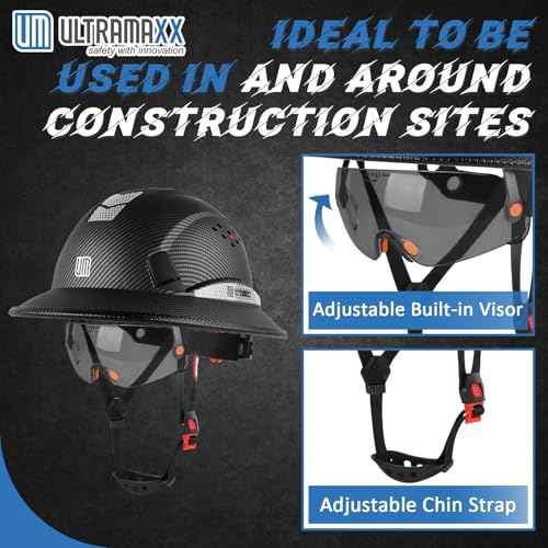 Full Brim Hard Hat with Built-in Visor, ANSI Z89.1 OSHA Approved Construction Safety Helmet with Chin Strap for Men Women