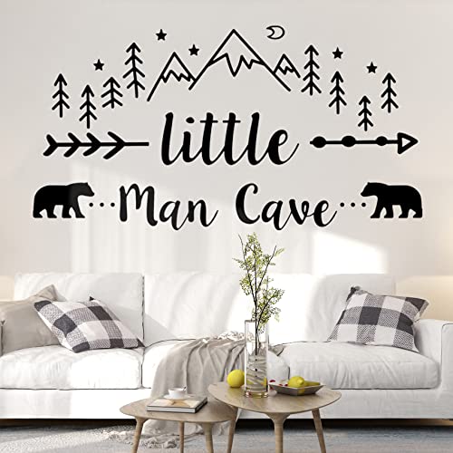 Little Man Cave Wall Decals, The Tribal Mountain Woodland Bear Wall Stickers for Bedroom, Nursery Wallpaper Easy Peel and Stick for Bedroom Living Room (Black)
