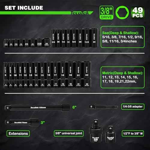 3/8" Drive Impact Socket Set, 49-Piece SAE (5/16"-3/4") and Metric (8mm-22mm), 6 Point, Cr-V, Extension Bars, 1/2" F to 3/8" M Reducer, Universal Joint and Power Drill Adapter