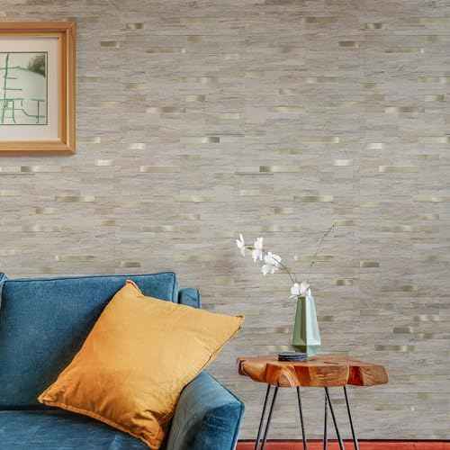 2 Sheets Kitchen Peel and Stick Backsplash Tiles, Beige with Metal Gold Look Stick on Backsplash for Kitchen, RV, Fireplace