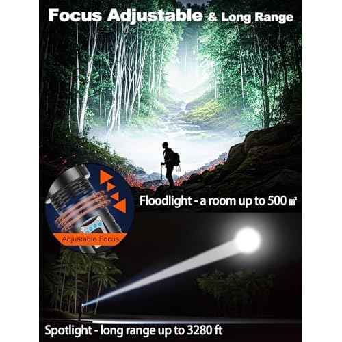 PHIXTON Rechargeable Flashlights High Lumens 10000 Super Bright Long Range 3280FT, Long Lasting 15H Powerful USB C LED Strong Flash Light High Powered, Heavy Duty, Zoomable, for Home Camping Gift