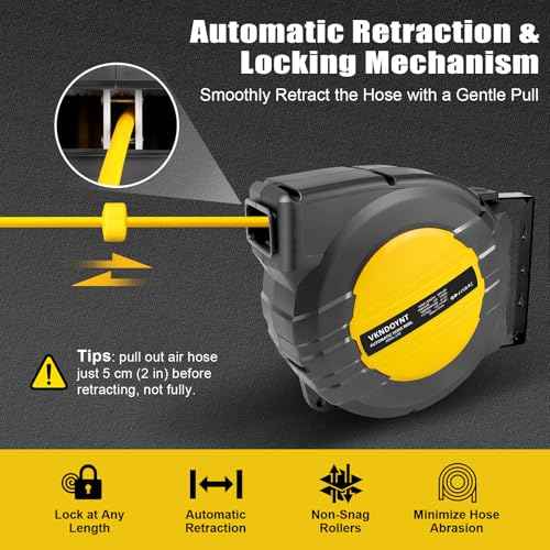 Vkndoynt Retractable Air Hose Reel, 1/4 IN x 50 FT Hybrid Polymer Hose, Auto Rewind, Wall Mount, Dark Gray/Yellow