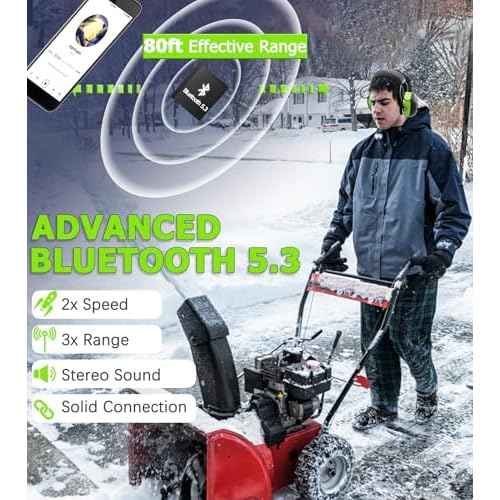 PROHEAR 037 Bluetooth 5.3 Hearing Protection Headphones with Rechargeable 1500mAh Battery, 30dB SNR Safety Noise Reduction Ear Muffs 120H Playtime for Mowing, Workshops, Snowblowing - Green