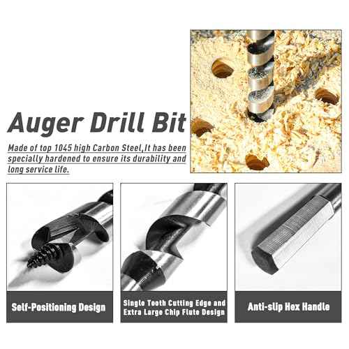 1/2 Inch x 12 Inch Long Auger Drill Bit for Wood, Hex Shank Ship Auger Drill Bit for Soft and Hard Wood, Plastic, Drywall and Composite Materials