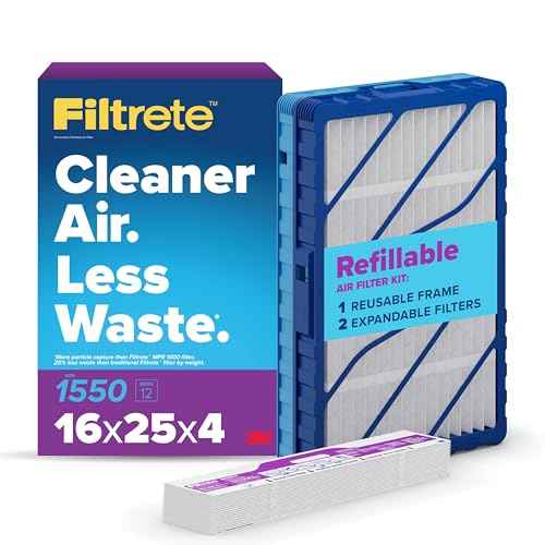 Filtrete 16x25x4 Refillable Air Filter Starter Kit, MPR 1550, MERV 12, 1 Reusable Air Filter Frame & 2 Air Filters, Fits Honeywell & Lennox, Allergen Bacteria & Virus, actual size 15.88 x 24.62 x 4.25