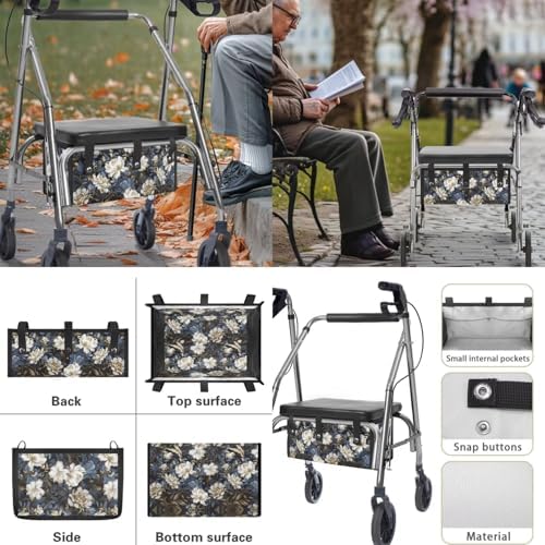 LedBack Vintage Floral Walker Accessories 3 Piece Set Rollator Walker Seat and Backrest Covers, Walker Storage Bags Lightweight Rollator Seat Cushion Covers and Organizer Bag